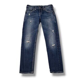Silver Aiko Mid Straight Jeans‎ Womens 25 Distressed Medium Wash Embroidered